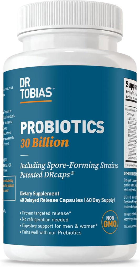 Dr. Tobias Probiotics 30 Billion, 10 Strains, 30 Billion CFU's, Targeted Release Probiotics for Women & Men, Supports Digestive Health, Shelf-Stable, Non-GMO, 60 Capsules, 60 Servings