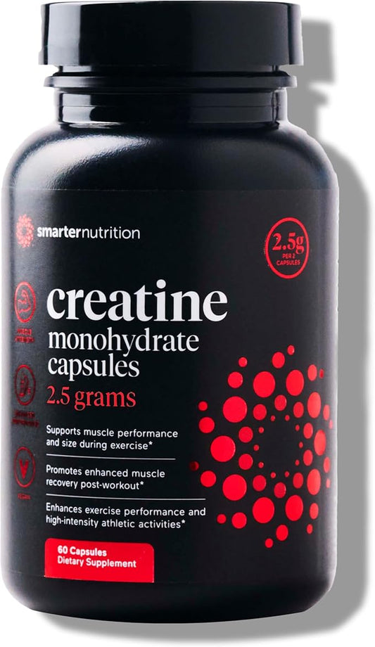 SMARTERNUTRITION Creatine Monohydrate Pills with 2500mg (2.5g) Per Serving, Vegan Capsules - Pre & Post Workout Recovery Support, Promotes Muscle Mass &. Endurance - 60 Count[30-Day Supply]