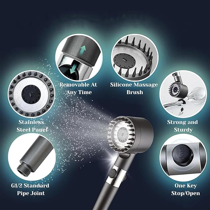 Ion Shower Drops Head Filtered Showerhead With Five Filters,Filtered Shower Head With Handheld,High Pressure Turbo Showerhead,Reusable,Adjustable Settings With Hose (Gray)