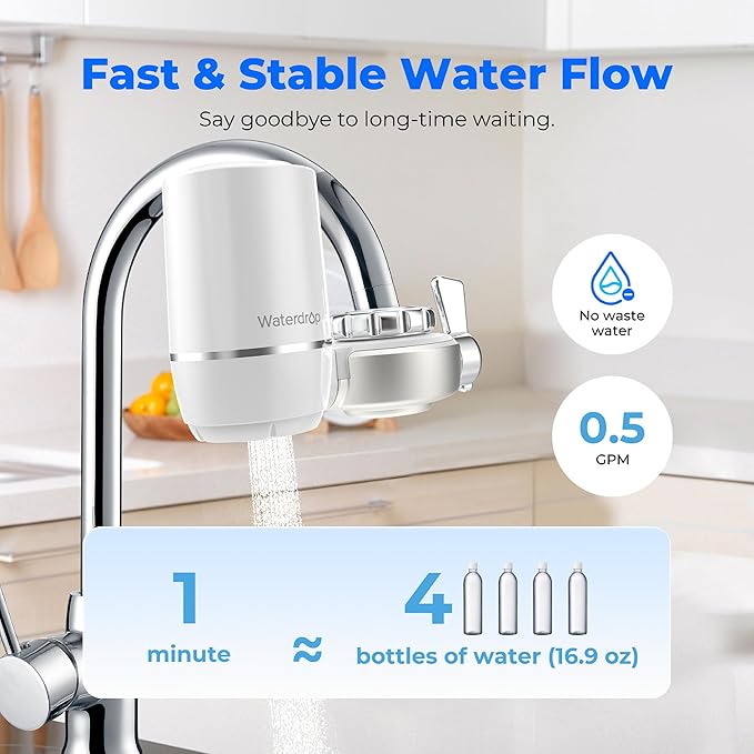 Waterdrop Water Filter for Sink Faucet, NSF 42 Certified Water Purifier, 1280 Gallon Tap Water Filter for Kitchen Sink, Lead-Free Material, Faucet Mount Water Filtration System 4 Filters