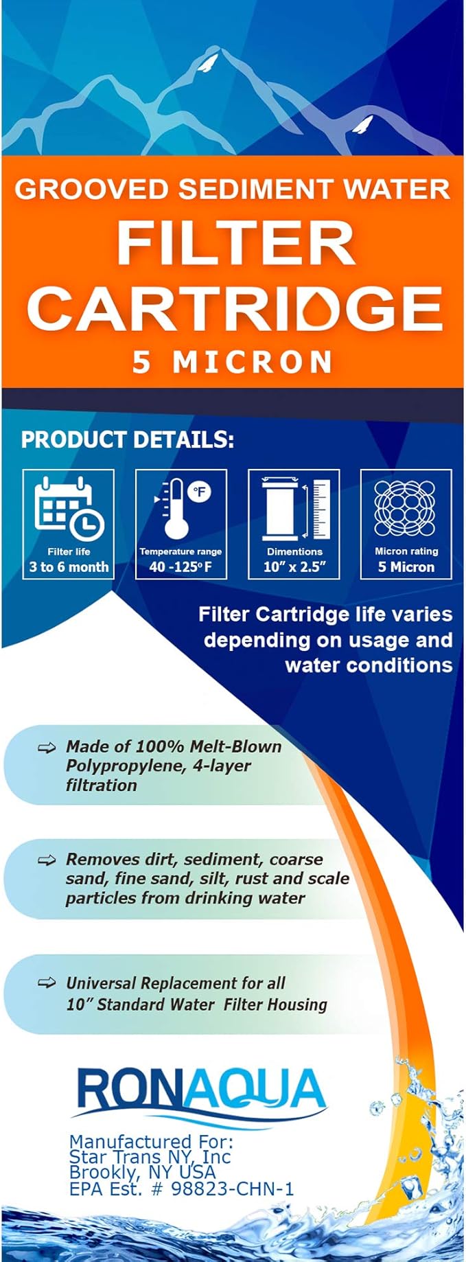 Grooved Sediment Water Filter Cartridge by Ronaqua 10"x 2.5", Four Layers of Filtration, Removes Sand, Dirt, Silt, Rust, made from Polypropylene (4 Pack, 5 Micron)