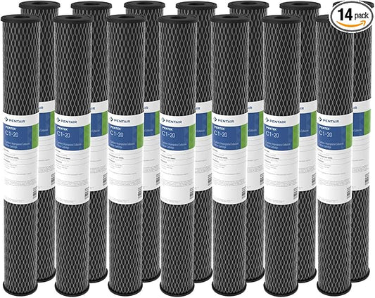 Pentair Pentek C1-20 Carbon Water Filter, 20-Inch, Whole House Dual Purpose Powdered Activated Carbon-Impregnated Cellulose Replacement Cartridge, 20" x 2.5", 5 Micron, Pack of 14