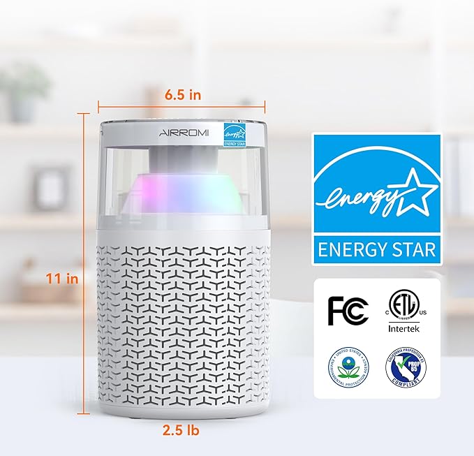 AIRROMI Air Purifiers for Bedroom Home,Up to 658 Ft²,Activated Carbon Filter Cleaner,With Fragrance Sponge for Better Sleep,Night Light,Pet Dander,Allergies,Smoke,Odor,Desktop Air Cleaner A2002 White