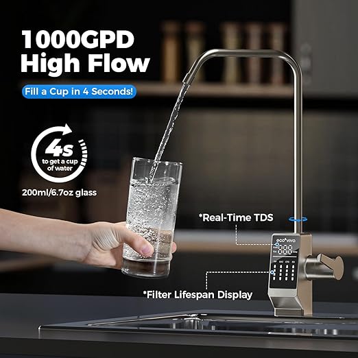 Ecoviva 1000GPD UnderSink Reverse Osmosis Water Filter RO Tankless Filtration System, Alkaline Water pH+, 8-Stage Filtration, Meet NSF/ANSI 58 Standard, 3:1 Pure-to-Drain Filter, With LED Smart Faucet