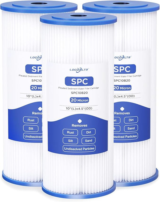 FXHSC Whole House 20 Micron 10" x 4.5" Pleated Sediment Well Water Filter Cartridge Replacement for ECP20-BB, S1-BB, W20CLHD, SPC-45-1020, AO-WH-PREL-RP, WHKF-WHPLBB, WFHDC3001 (Pack of 3)