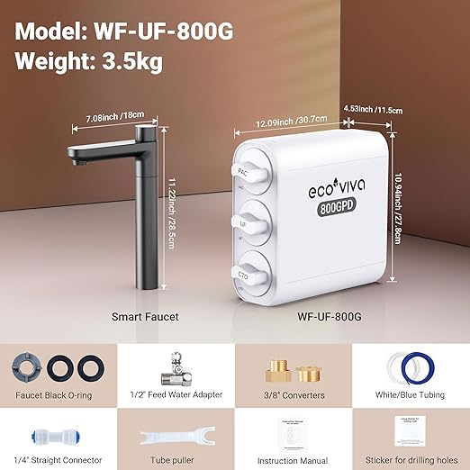 Ecoviva 0.01μm Ultra-Filtration Under Sink Water Filter System, 800G Tankless Water Filtration System, No Electricity & Zero Waste, Filters Heavy Metals, Includes Faucet, No Drilling Required(NOT RO)