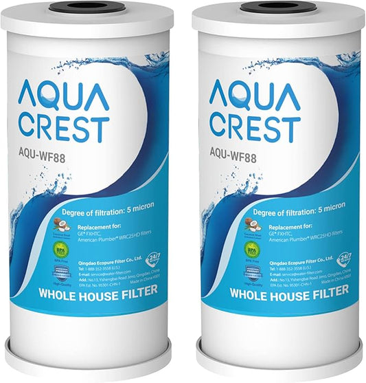 AQUA CREST FXHTC 5 Micron 10" x 4.5" Whole House Water Filter Replacement for GE® FXHTC, GXWH40L, American Plumber W10-PR, W10-BC, Culligan® RFC-BBSA, GXWH35F, W50PEHD, Pentek R50-BB, Pack of 2