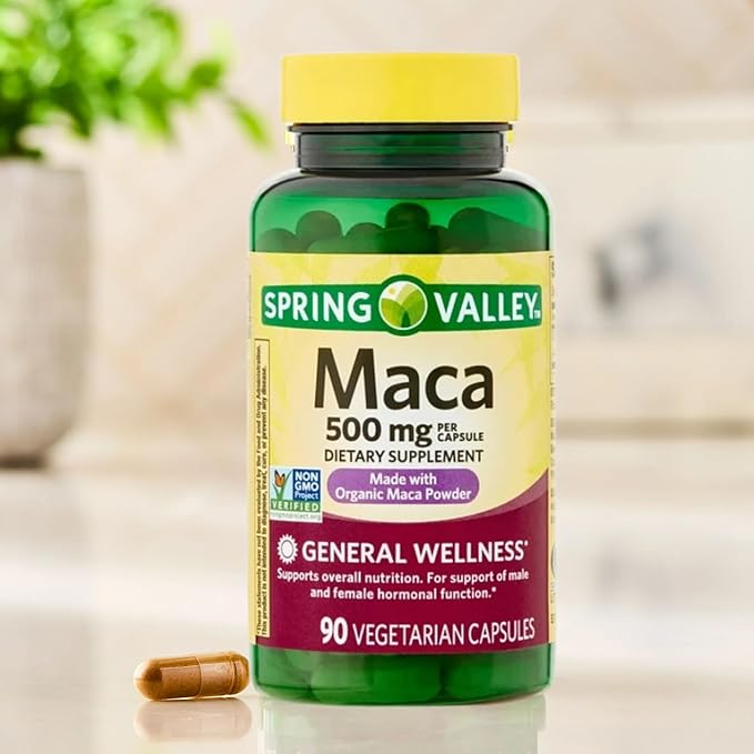 Maca Root 500 mg Capsules • General Wellness & Vitality Support • Vegetarian • 90 Count by Spring Valley + Vena’s Sticker (Pack of 2)
