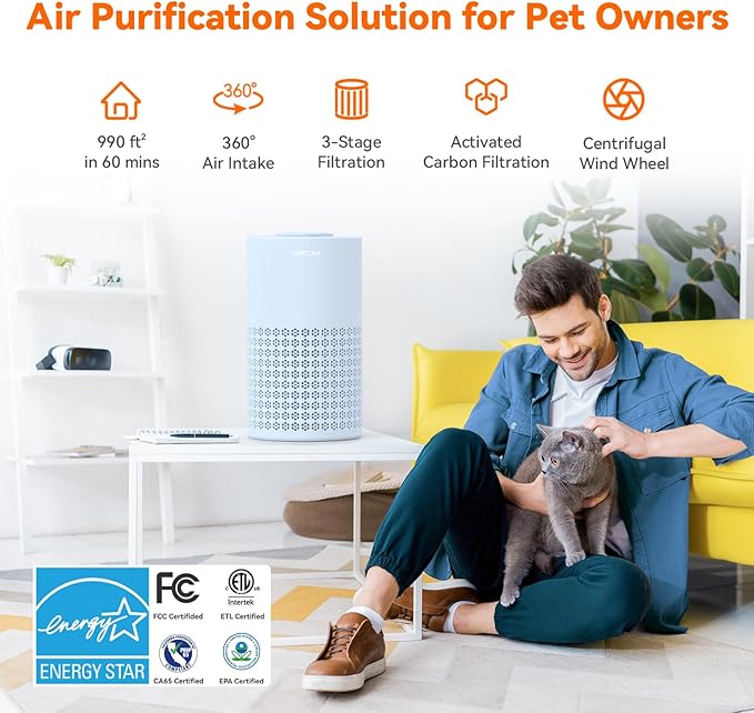 AIRROMI Air Purifier for Bedroom with HEPA 3-in-1 Filter, Pet Air Purifier for Home Cat Pee Smell, Covers Upto 990 Ft², Quiet 360° intake Air Cleaner for pet hair,allergies,Dust,Smoke A2001 Blue