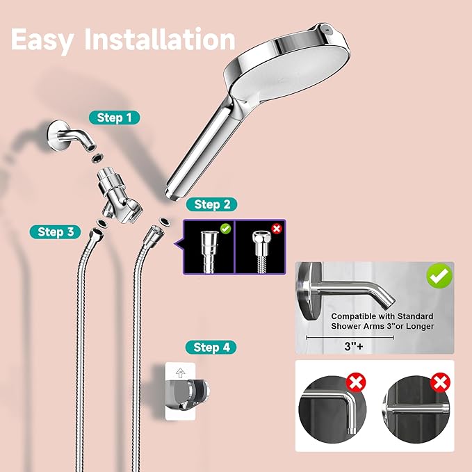 6“ Filtered Shower Head with Handheld, 6 Modes High Pressure Shower Head with Filter for Hard Water, Detachable Showerhead with Stainless Steel Hose and Shower Arm Bracket, Chrome-White