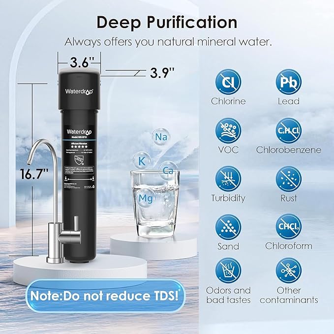 Waterdrop 15UB Under Sink Water Filter, Under Sink Water Filtration System for 2 Years, NSF/ANSI 42 Certified, Reduces PFAS, PFOA/PFOS, Lead, Under Sink Water Filter with Faucet, 19K Gallons