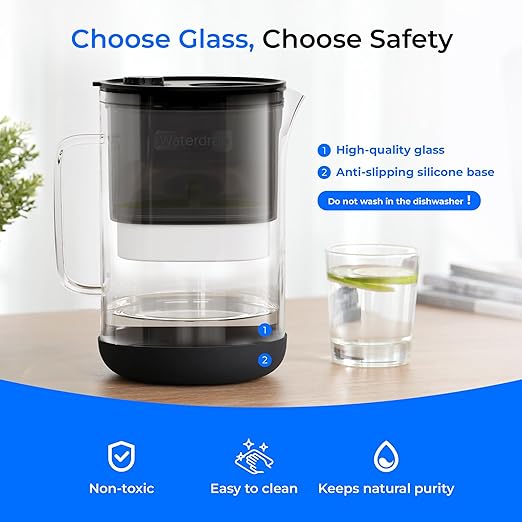 Waterdrop Large Glass Water Filter Pitcher, Eco-Friendly, with 1 NSF 53&42&372 Certified Filter, 10-Cup, Reduces PFOA/PFOS, Chlorine, Cadmium, Copper, Mercury, BPA Free, Easy to Clean, Black