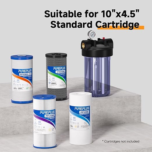 PUREPLUS Whole House Water Filter Housing, 10"x4.5" Universal Housing, Pre-Filtration System, with Pressure Gauge, 1" NPT