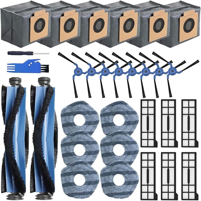 30 Pack X10 Pro Replacement Parts Compatible with eufy X10 Pro Omni Robot Vacuum,2 Main Brushes,8 Side Brushes+ 6 HEPA Filters+6 Mop Cloths+ 6 Dust Bags+2 Tools