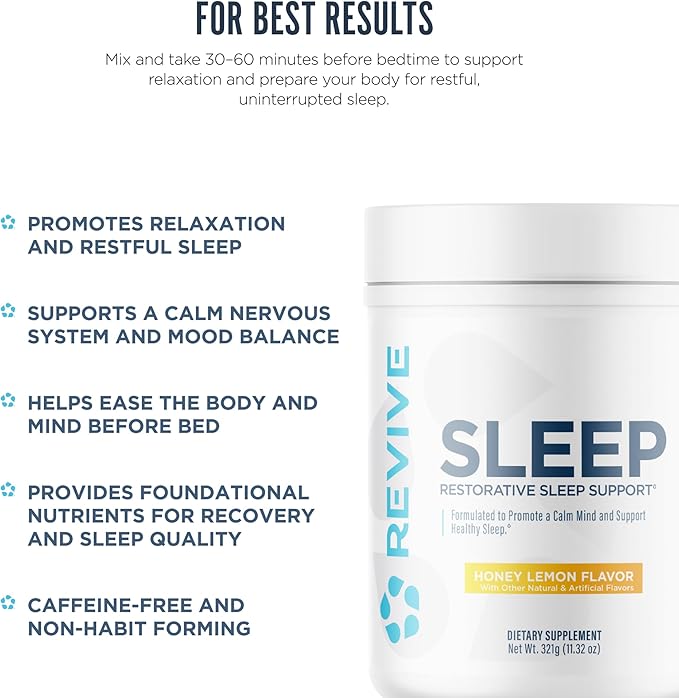Revive MD Sleep Support Supplement for Adults, Honey Lemon - Sleep Supplements with Magnesium (Glycinate), Inositol, Glycine & L-Theanine - Promotes Relaxation & Sleep Health