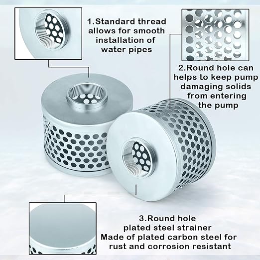2 Inch Round Hole Suction Strainer Filter Carbon Steel Plated Npt Thread Hose Water Pump Inlet Strainer for Remove Debris Trash Reduces Solids Entering
