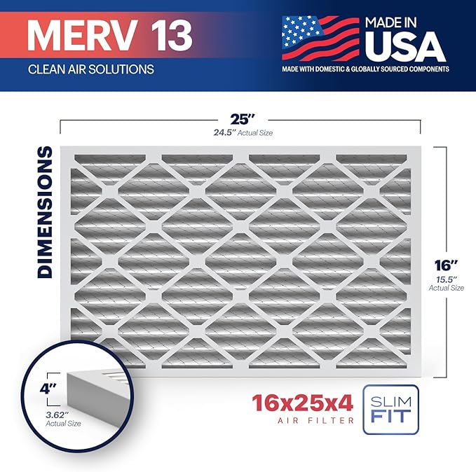 BNX TruFilter 16x25x4 (15.5’’ x 24.5’’ x 3.63‘’ Slim Fit) MERV 13 Air Filter (2-Pack) - MADE IN USA - Air Conditioner HVAC AC Furnace Filters Health, Allergies, Mold, Bacteria, Smoke, MPR 1900 FPR 10