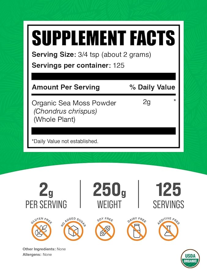 BulkSupplements.com Organic Irish Sea Moss Powder - Sea Moss Supplement, Superfood Supplement - Vegan & Gluten Free, 2g per Serving 250g (8.8 oz) (Pack of 1)