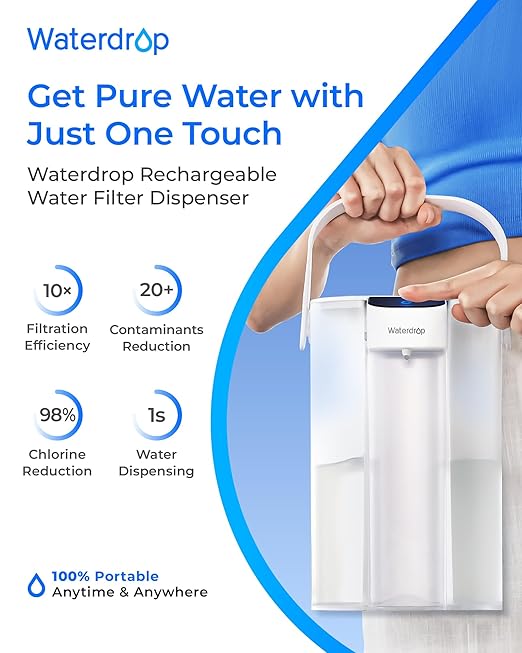 Waterdrop Rechargeable Water Filter Dispenser, 200-Gallon Water Pitcher, Instant 15-Cup Countertop System, 10X Filtration Efficiency, Reduce 98% Chlorine and 20+ Contaminants, White