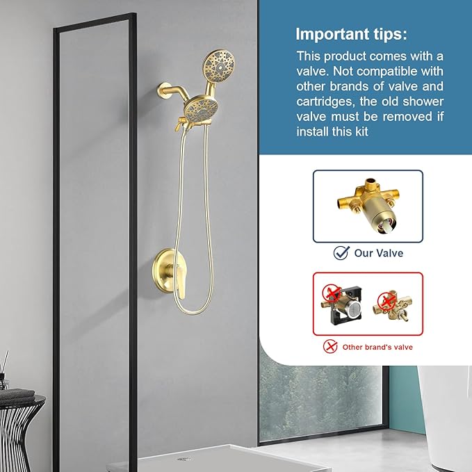 Shower Faucet Set Complete Shower Kit Dual Shower Head and Handheld 2 in 1 Combo Set Shower System Shower Trim Kit Combo Set Shower Fixtures, Brushed Gold