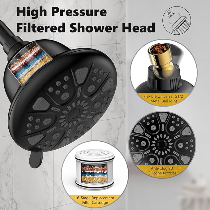 Filtered Shower Head with16 Stage Shower Filter Cartridge High Pressure 7 Spray Settings Shower Head Filter for Hard Water Removes Chlorine and Heavy Metals, Black
