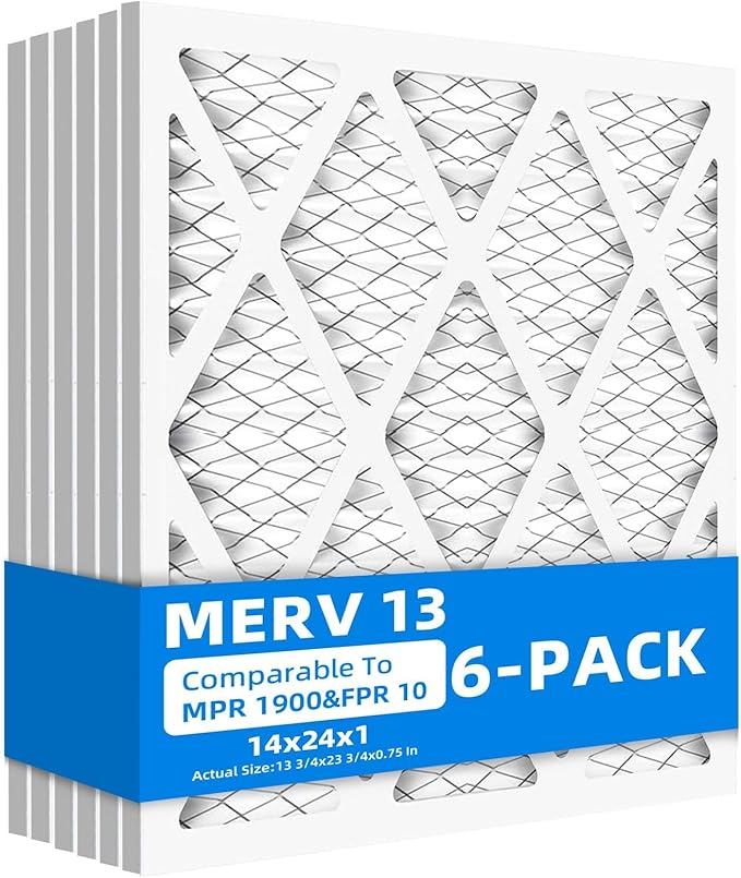 (6 Pack) 14x24x1 Air Filters, MPR 1900 & FPR 10, MERV 13 Pleated Air Filter (Actual Size: 13.75" x 23.75" x 0.75")