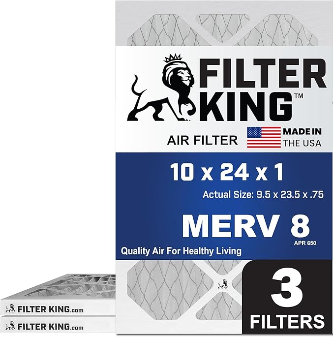 Filter King 10x24x1 Air Filter | 3-PACK | MERV 8 HVAC Pleated A/C Furnace Filters | MADE IN USA | Actual Size: 9.5 x 23.5 x .75"