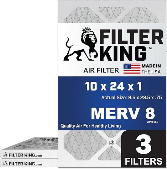 Filter King 10x24x1 Air Filter | 3-PACK | MERV 8 HVAC Pleated A/C Furnace Filters | MADE IN USA | Actual Size: 9.5 x 23.5 x .75"