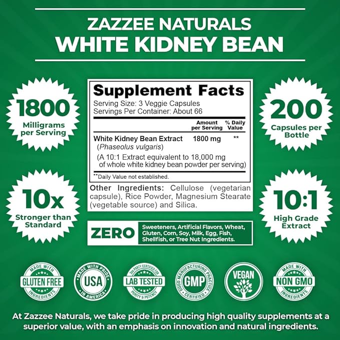 Zazzee White Kidney Bean 10:1 Extract, 1800 mg per Serving, 200 Vegan Capsules, Over 2 Month Supply, Standardized, Concentrated 10X Extract, 100% Vegetarian, All-Natural and Non-GMO, Made in The USA
