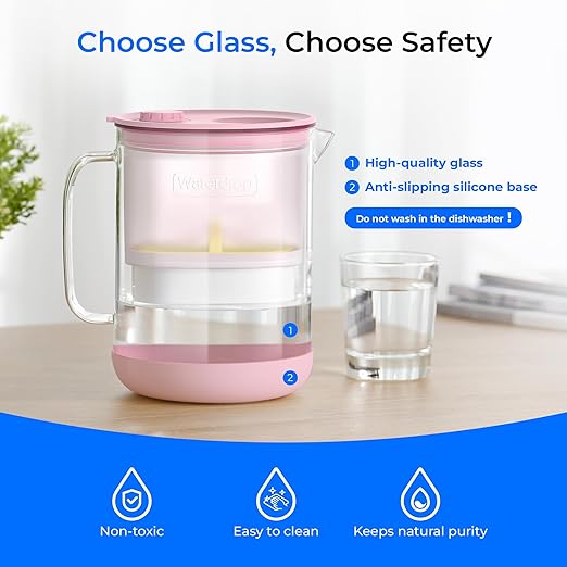 Waterdrop Glass Water Filter Pitcher with 1 Filter, Eco-Friendly, with NSF 53&42&372 Certified Filter, 7-Cup, Reduces PFOA/PFOS, Chlorine, Cadmium, Copper, Mercury, BPA Free, Easy to Clean, Pink
