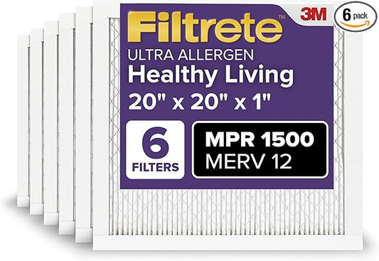 Filtrete 20x20x1 AC Furnace Air Filter, MERV 12, MPR 1500, CERTIFIED asthma & allergy friendly, 3 Month Pleated 1-Inch Electrostatic Air Cleaning Filter, 6-Pack (Actual Size 19.69x19.69x0.78 in)