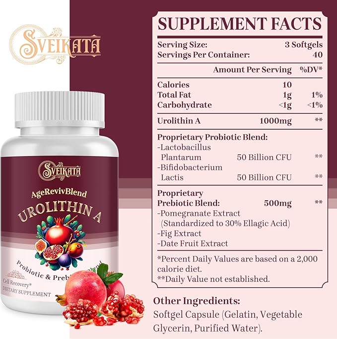 Urolithin A Supplement 1500mg – Urolithin A for Healthy Aging & Mitochondrial – Probiotic & Prebiotic Blend with Pomegranate Extract – 120 Softgels