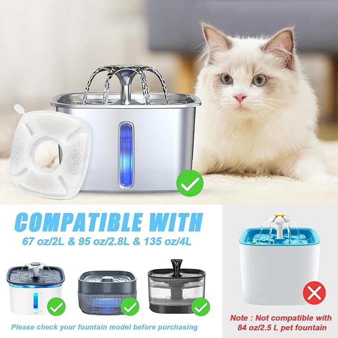 24 Pack Cat Water Fountain Replacement Filters, 12 Pcs Cats Fountain Filters & 12 Pcs Pre-Filter Sponges for 95oz/2.8L 135oz/4L 67oz/2L Automatic Pet Dog Fountain Water Dispenser
