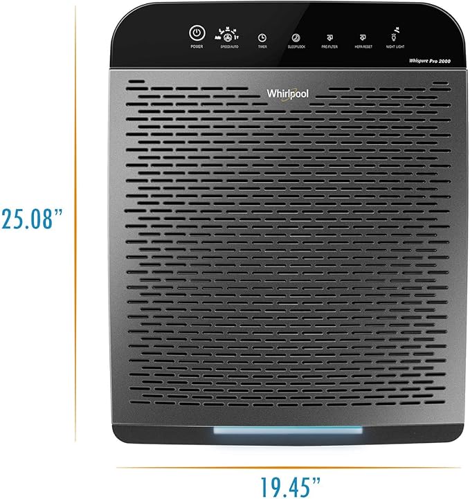 Whirlpool WPPRO2000M Whispure True Hepa Air Purifier, Activated Carbon, 508 Sq ft, Smart Auto Mode, Ideal For Allergies, Odors, Pet Dander, Mold, Smoke, Wildfire, Germs - Silver