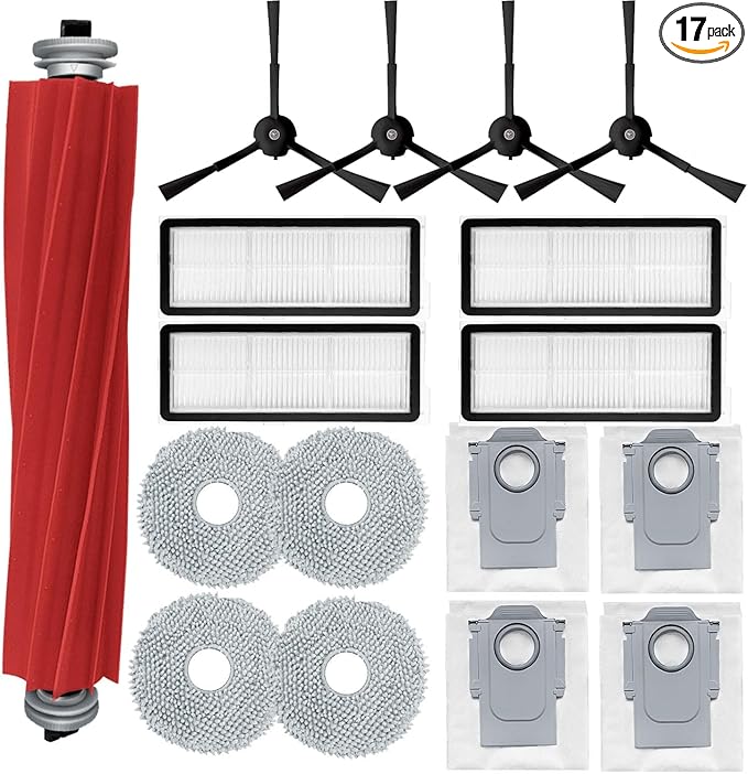 Accessories Kit Compatible with Roborock Qrevo S/Qrevo Maxv/Qrevo S/Qrevo Plus Robtic Vacuum Cleaner,17 Spare Parts,1 Main Brush Roller,4 Side Brushe,4 Mop Pads,4 Dust Bags,4 Hepa Filters (Black-17)