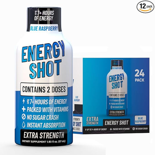 Energy Shot – 2 Servings – 100% DV B-Vitamins & 130mg Plant-Based Caffeine – Zero Calories, Sugar-Free, Vegan, Non-GMO – Energy & Productivity Support (1.93 Fl Oz (Pack of 24), Blue Raspberry)