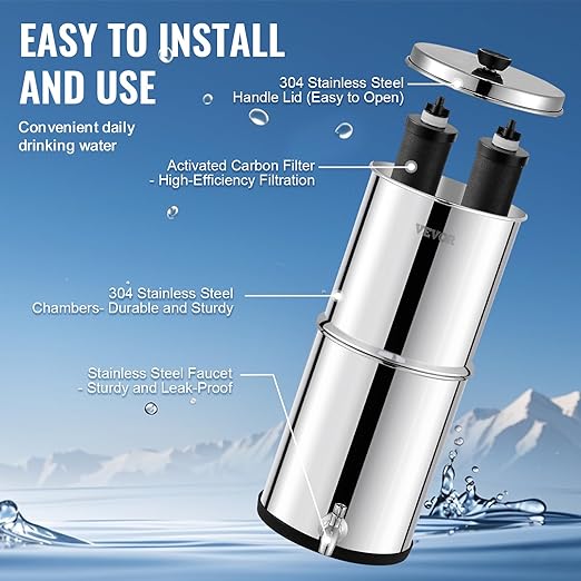 VEVOR Gravity-fed Water Filter System, 1.5G 304 Stainless-Steel Countertop System, Water Filtration System, Reduces Lead and up to 99% of Chlorine, with 2 Carbon Filters & Spigot, for Home Camping RV