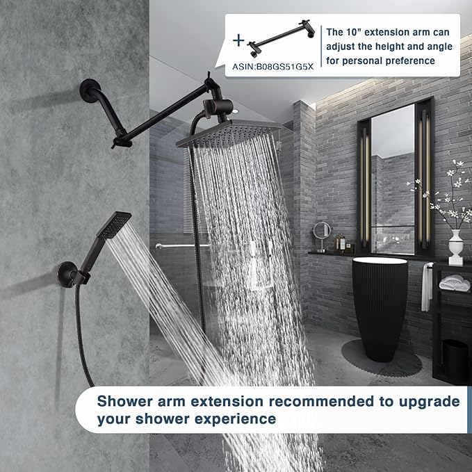 BRIGHT SHOWERS Rain Shower Head with Handheld Spray, 8 Inch Rainfall Shower Head Combo with 60" Hose, Adjustable Dual Square Showerhead Set with 3-Way Diverter, Wall Bracket, Oil-Rubbed Bronze