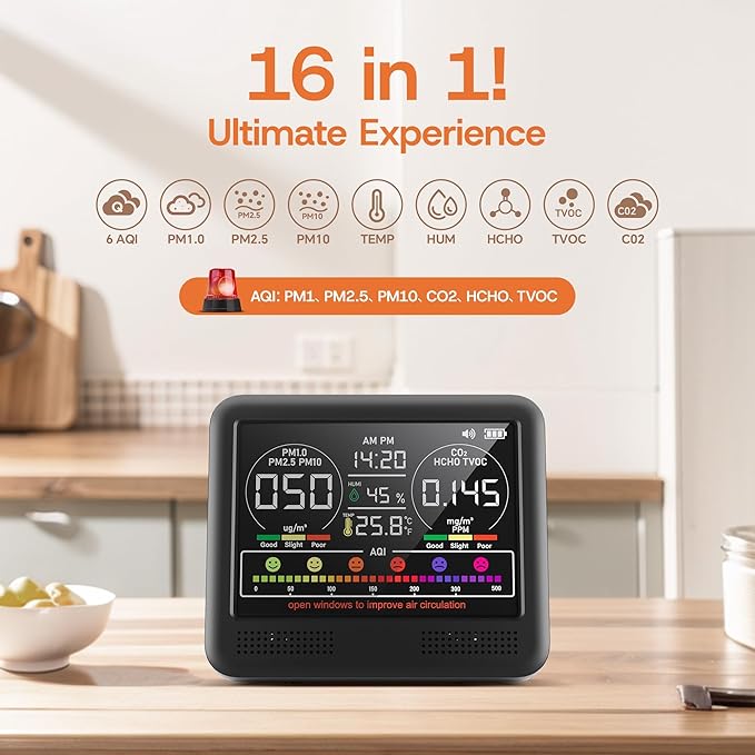 16-in-1 Indoor Air Quality Monitor with PM1.0,PM2.5,PM10,CO2,HCHO,TVOC,Temperature,Humidity,Time Display &7 AQI Alarms – Professional Air Quality Tester for Home, Office & Indoor Use (Jet Black)