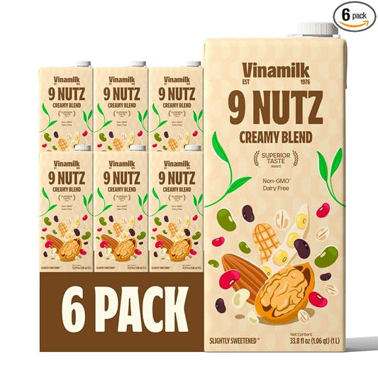 Vinamilk 9 Nutz Creamy Blend | Pack 6 | Oat Almond Walnut + Whole Soy Beans, Plant Based Milk, 33.8 Fl Oz Each, Light Sweet, Shelf Stable - Lactose Free, Dairy Free, Glyphosate Free