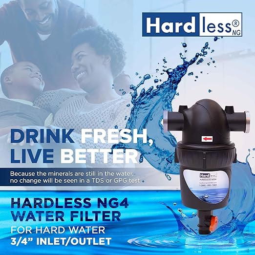 Hardless NG4 Whole House Water Filter- Salt-Free Alternative Softening Device- Reduces Limescale, Sediment & More - Compact, Easy to Install- Comes with 3/4" Inlet/Outlet- Home Water Filtration System