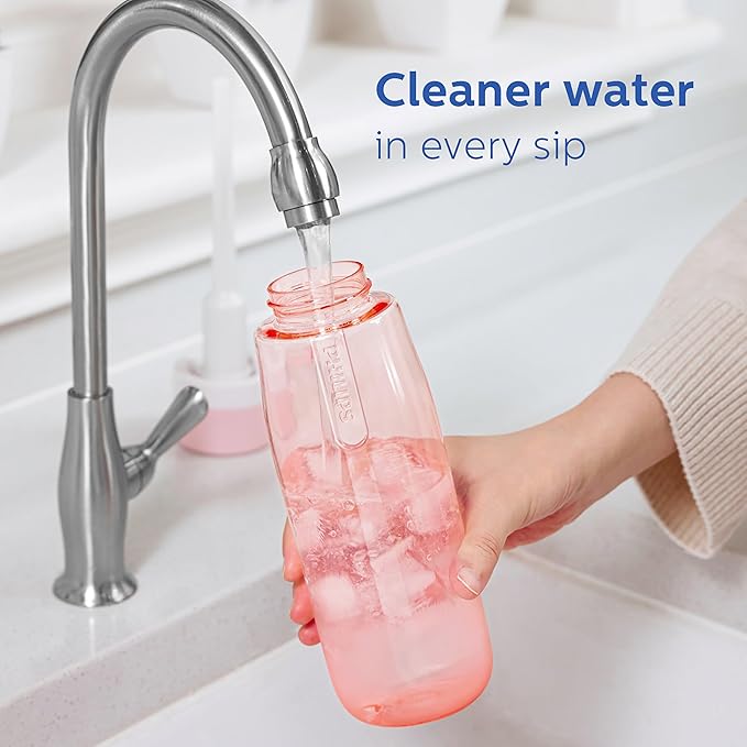 PHILIPS Filtered Water Bottle, BPA-Free Tritan Plastic Water Bottles, Replaces 450 Plastic Water Bottle with Reusable GoZero Everyday Water Filter, Portable Filtering Bottle for Travel, 22 oz, Pink