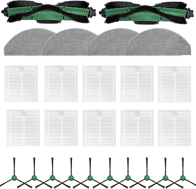 2 Roller Brush＆10 Side Brushes＆10 Filters & 4 Mopping Pads Replacement Parts Accessories Compatible with iRobot Roomba Essential Series 104 105 Vac/Combo Y0110 Y0140 Q011 Q0120 Q0520 Robot Vacuum