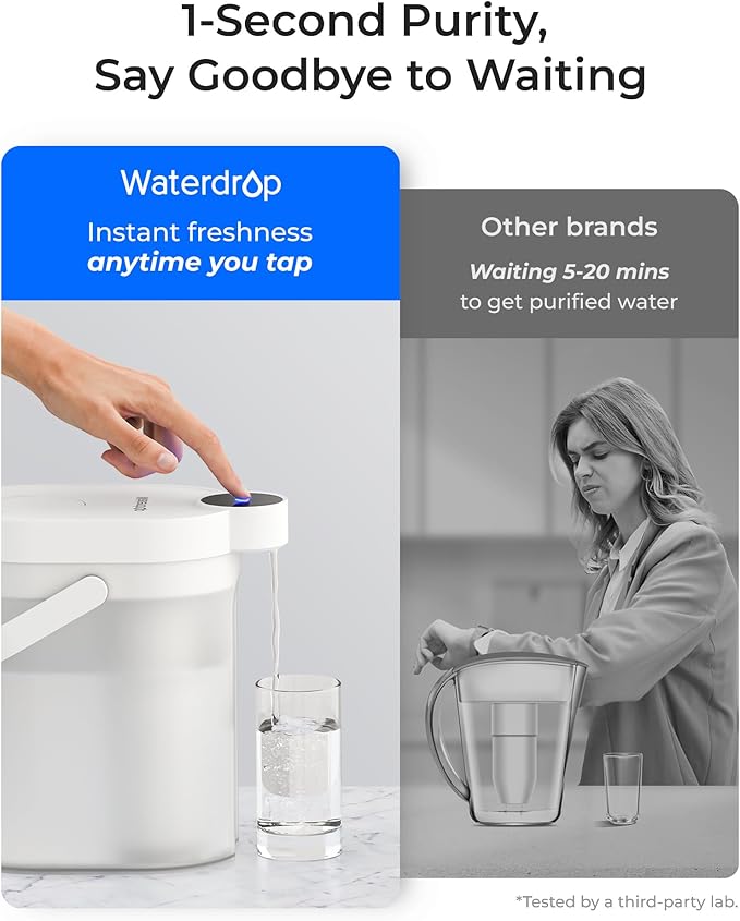 Waterdrop 0 TDS Zero TDS Water Rechargeable Water Filter Dispenser, 4-Stage Instant Electric Powerful Pitcher, Reduce Chlorine, Lead, 15-Cup Countertop Water Filtration System with 1 Filter, White