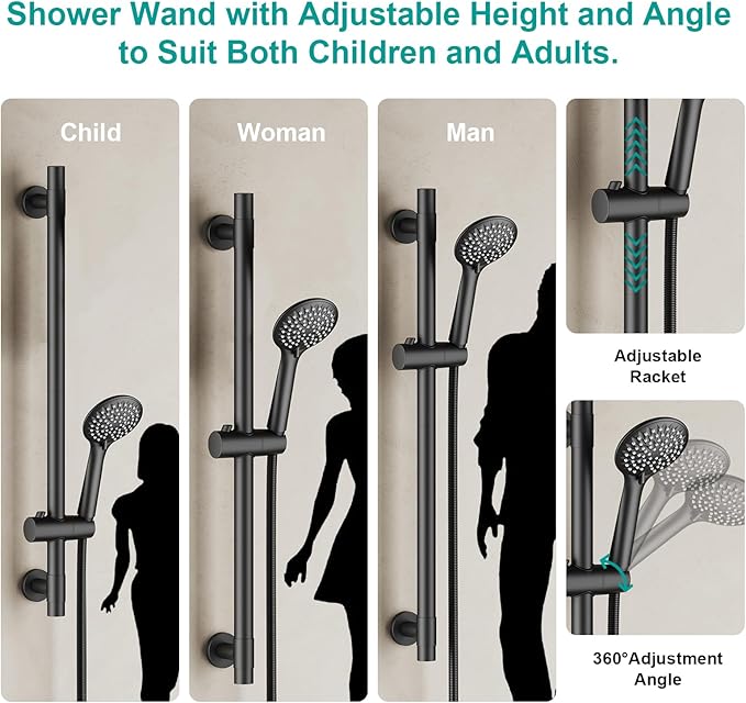 Shower Slide Bar Handheld Shower Head with Hose, 5-Function Hand Shower with Wall Mount，shower slide bar,adjustable height shower head (A-round, Matte Black)