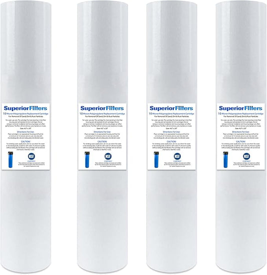 10 Micron Sediment water Filter - Whole House Water Filter Cartridge - 4.5 x 20-inch Replacement - Compatible with All Whole House Water Filter System - (20 X 4.5, 4 Count)