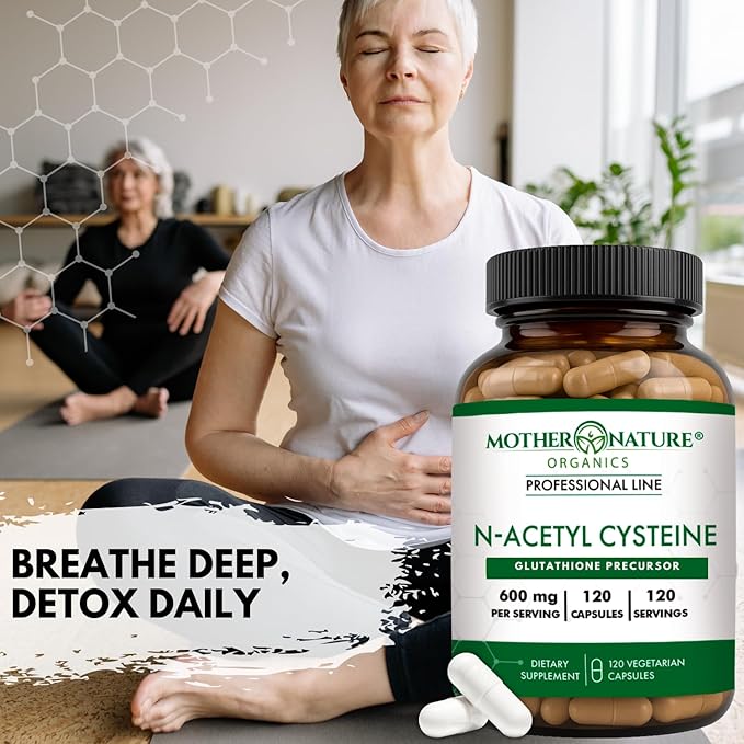 Mother Nature Organics NAC 600mg, Glass Bottle, N-Acetyl Cysteine Antioxidant Glutathione Precursor, Liver & Lung Support, Immune, Respiratory Health, and Detox (120 Count)