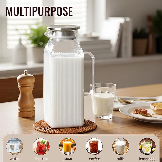 2 Liter/68 oz Square Glass Pitcher with Lid, Classic Stripes Water Pitchers with Handle for Fridge, Large Jug for Iced Tea, Coffee, Borosilicate Glass Carafe for Hot/Cold Brew Drink, Silver