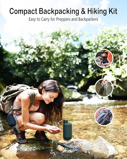 Camping Water Filter – Water Filtration System Survival with 0.01 Micron, 6-Stage Portable Water Filter, Electric Emergency Water Purifier with SOS Light for Hiking, Travel, Backpacking – Green