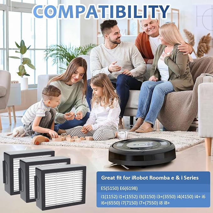 3-pack 4639161 High-Efficiency Filter for iRobot Replacement Parts Vacuum Filter, Roomba e, i & j Series, and Roomba Combo i1+ i3 i3+ i4 i5 and j5 Series